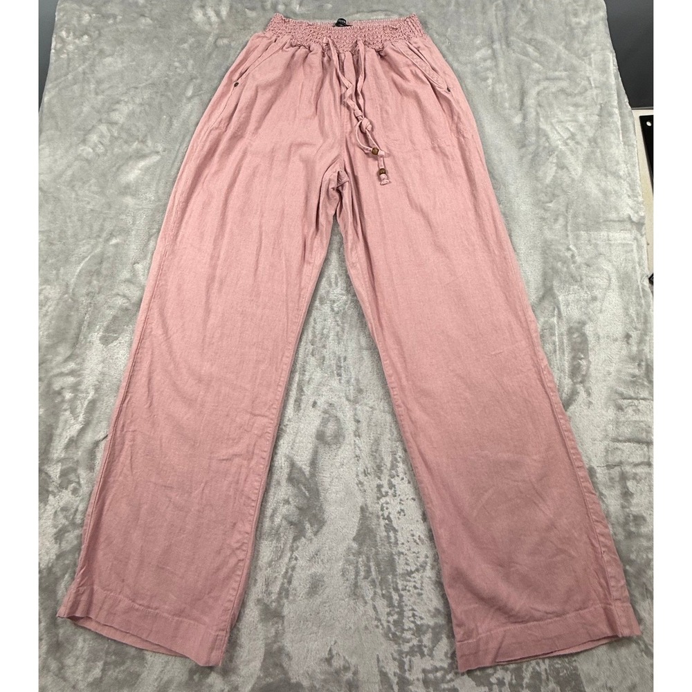 Beau/Dawson Large Pink Linen Blend Wide Leg Smocked Waist Pants